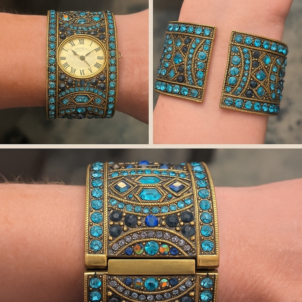 🦋Heidi Daus Teal Crystal Cuff Watch – Art Deco Vintage Glamour - Picture 6 of 6